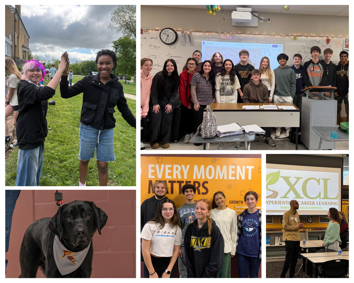 collage of five photos including turpin's facility dog, a group photo of teen ambassadors, group phoot of the Lancer staff, two students high fiving and a student talking with a local business profess
